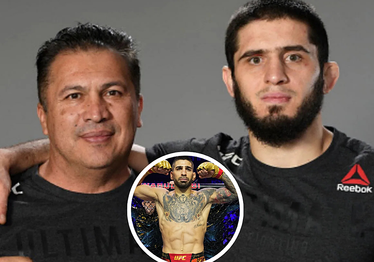 Islam Makhachev junto a su entrenador Javier Méndez. En el círculo, Ilia Topuria