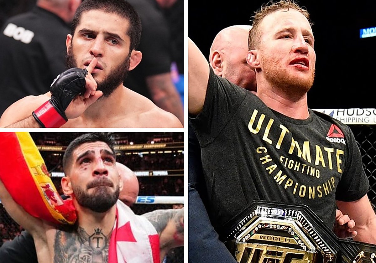 Islam Makhachev (arriba izq.), Ilia Topuria (abajo izq.) y Justin Gaethje