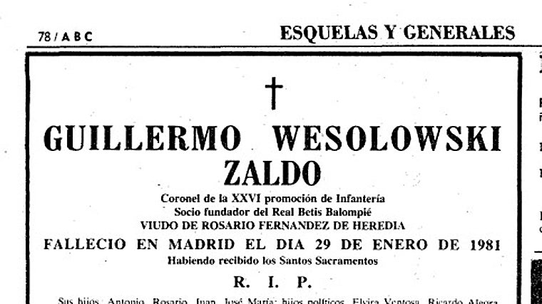 La esquela de Guillermo Wesolowski como «socio fundador del Real Betis Balompié», publicada en ABC en 1981