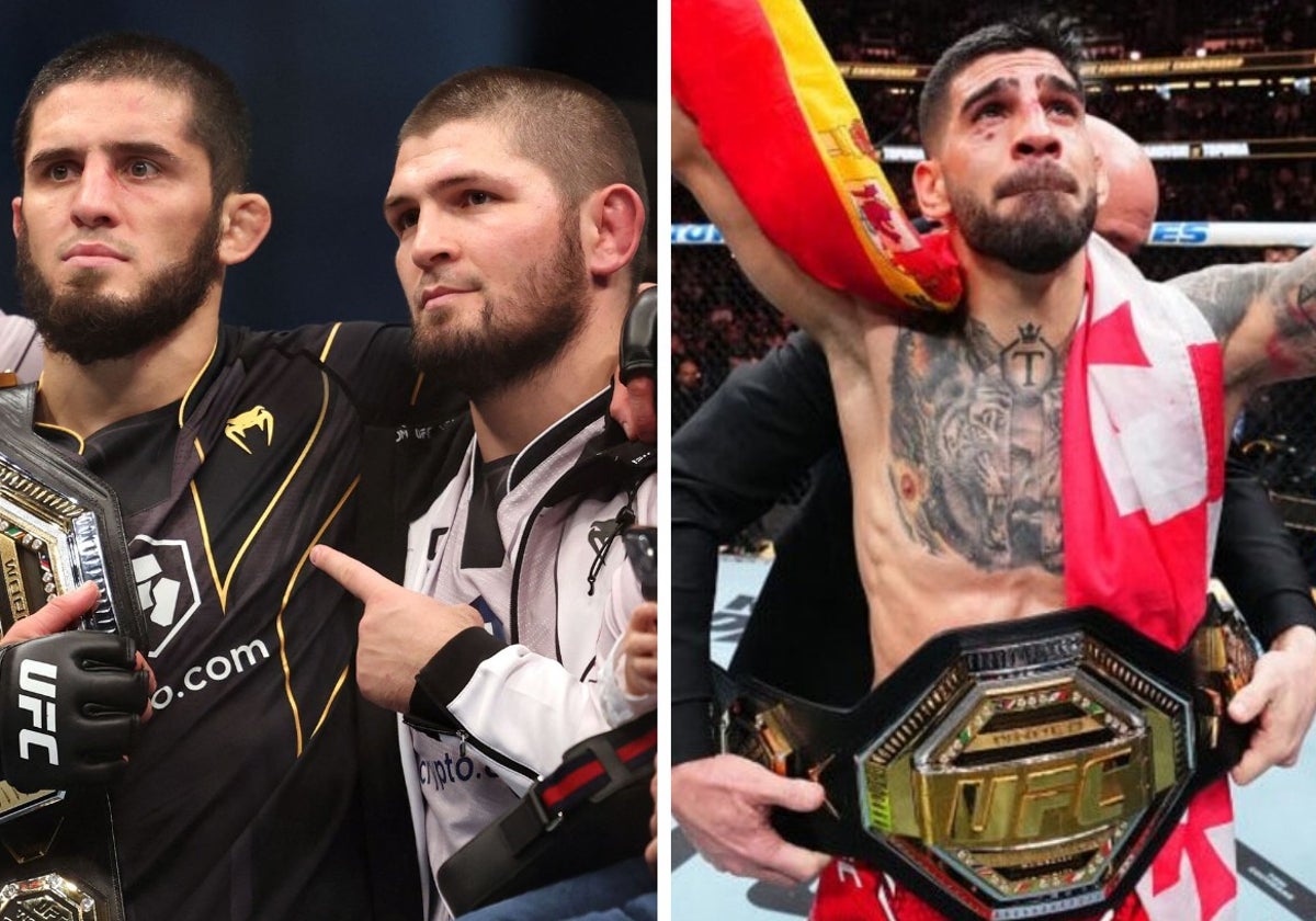 Islam Makhachev y Khabib Nurmagomedov (izquierda) e Ilia Topuria (derecha)