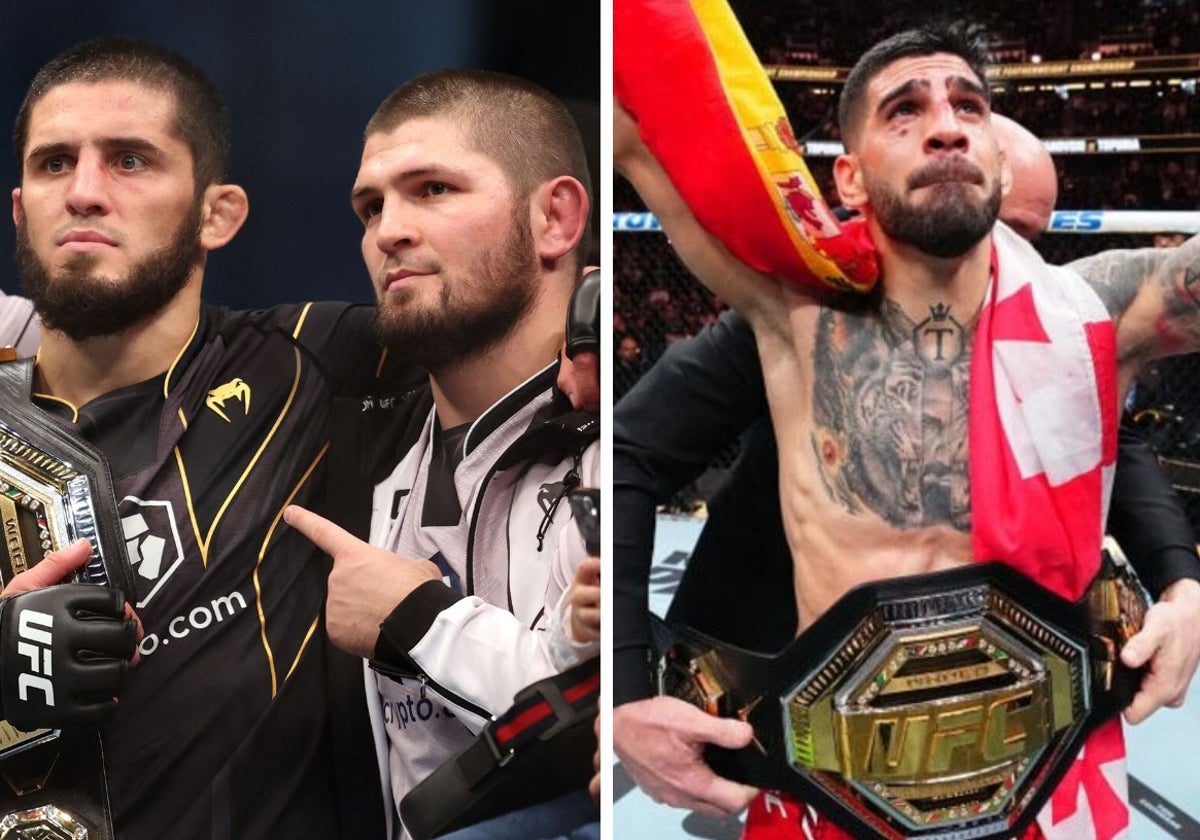 A la izquierda, Islam Makhachev y Khabib. A la derecha, Ilia Topuria