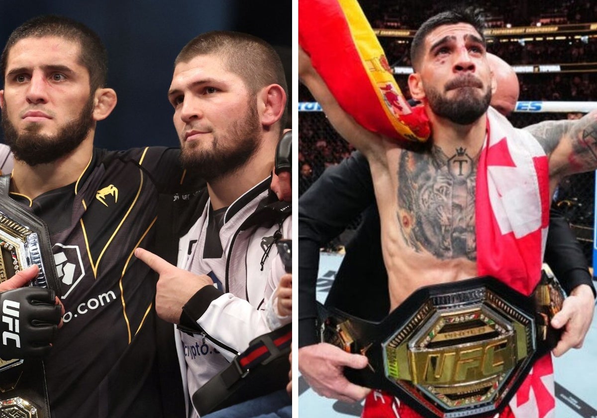 Islam Makhachev y Khabib Nurmagomedov (izq.), junto a Ilia Topuria (dcha.)