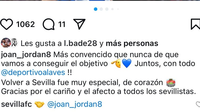 Mensaje de la cuenta de Joan Jordán hablando del Alavés y del Sevilla