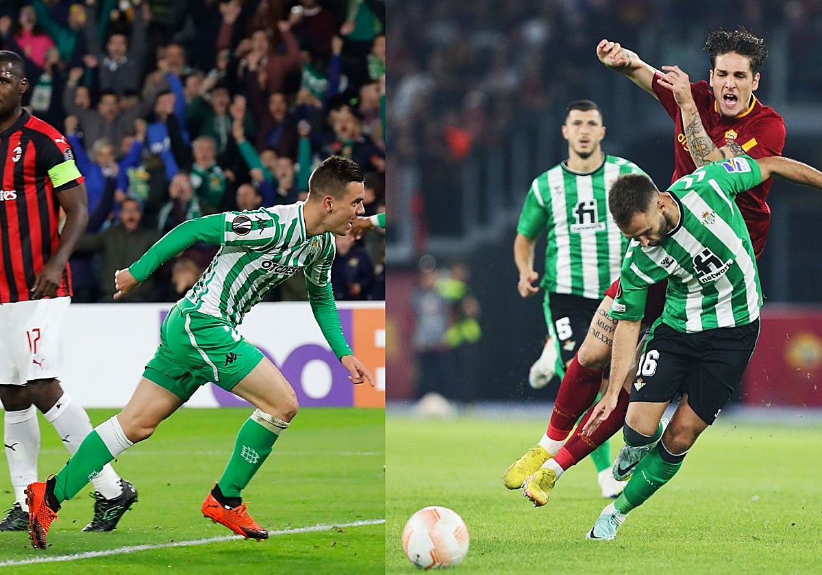 A la izquierda, Lo Celso celebra el gol que marcó al Milan en San Siro; a la derecha, Guido Rodríguez es objeto de falta por Zaniolo en el último Roma - Betis