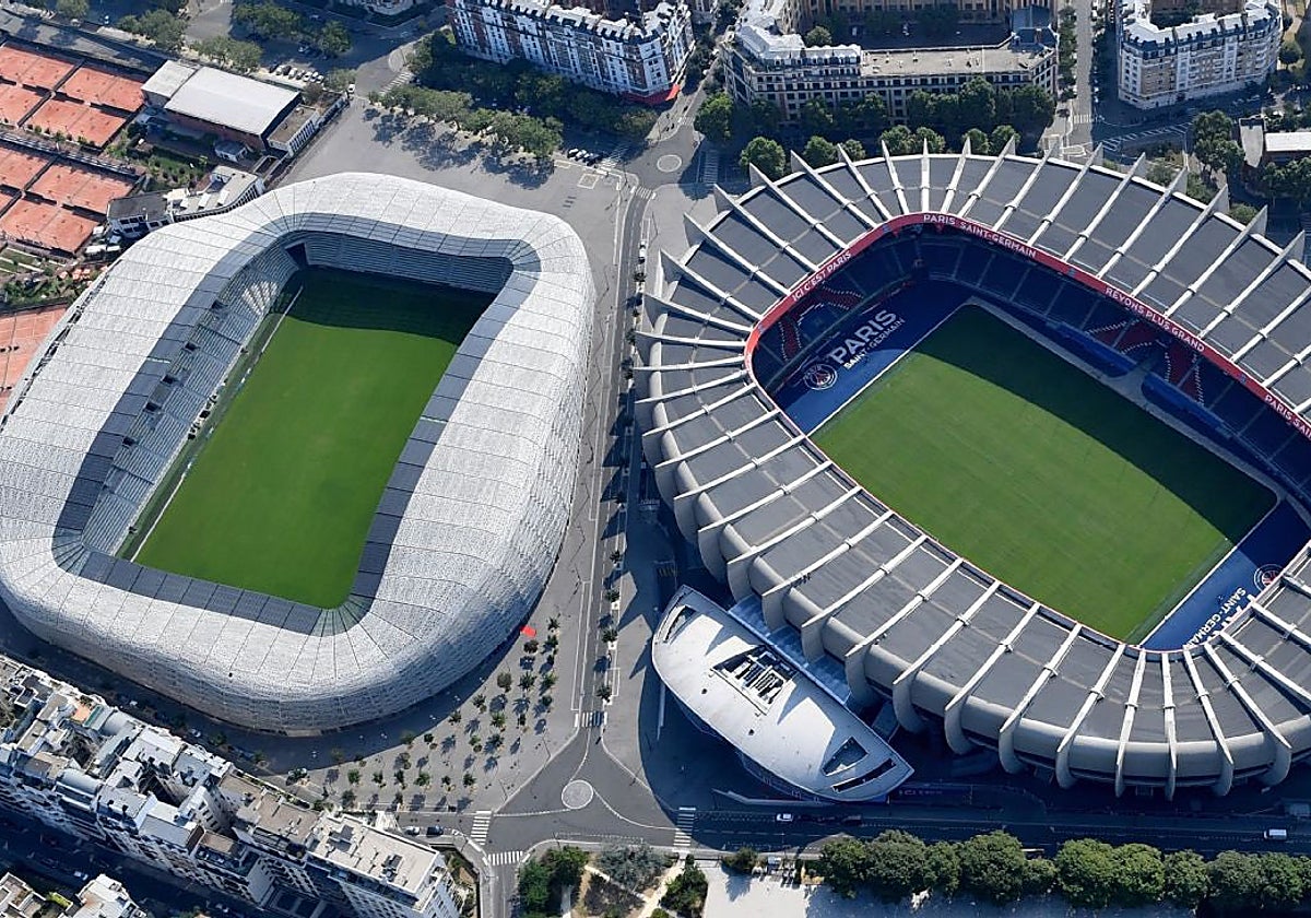 A la izquierda, el Jean Bouin del París, a solo 50 metros del Parque de los Príncipes del PSG (derecha)