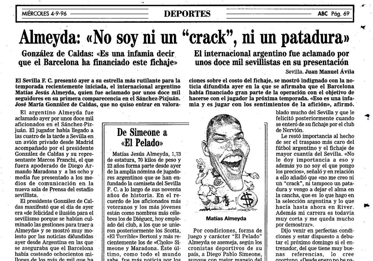 Almeyda contra Suker y un recorte de ABC de 1996 en su presentación