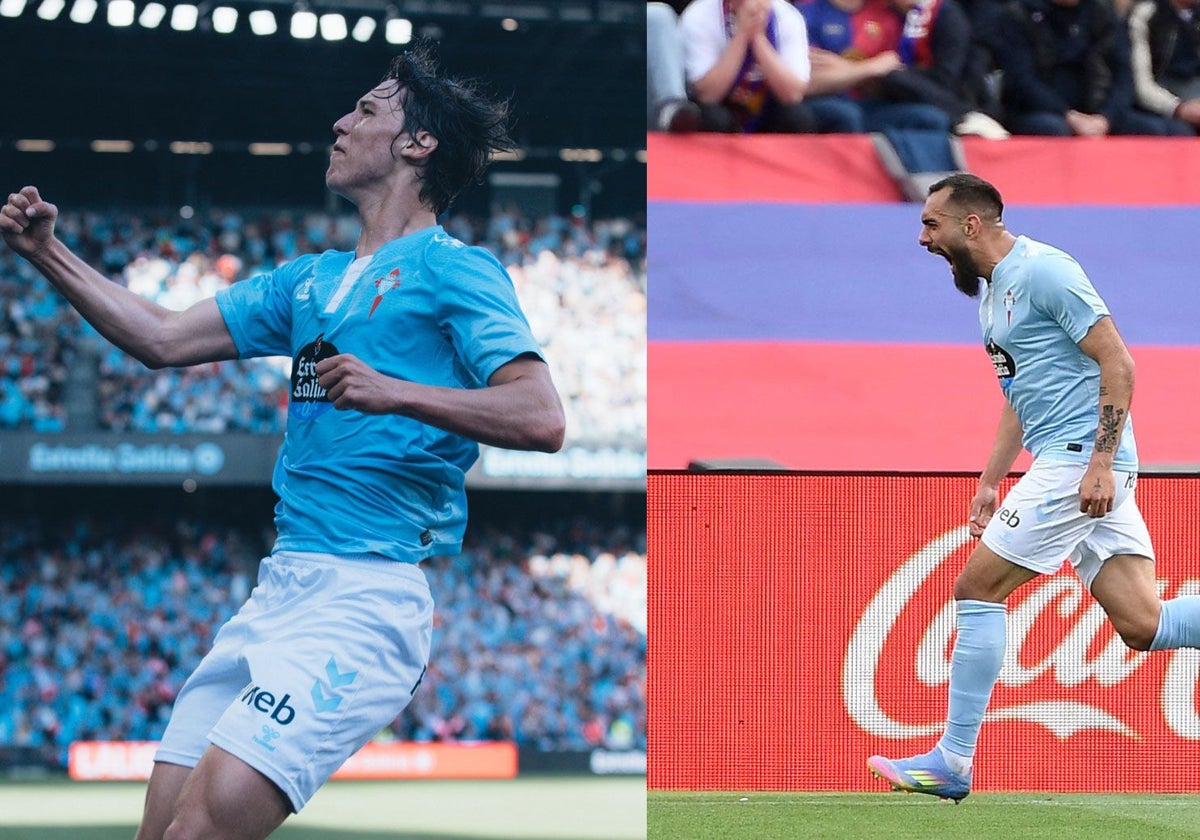 Fer López, a la izquierda, y Borja Iglesias, a la derecha, celebran sendos goles marcados con el Celta durante la temporada 24-25