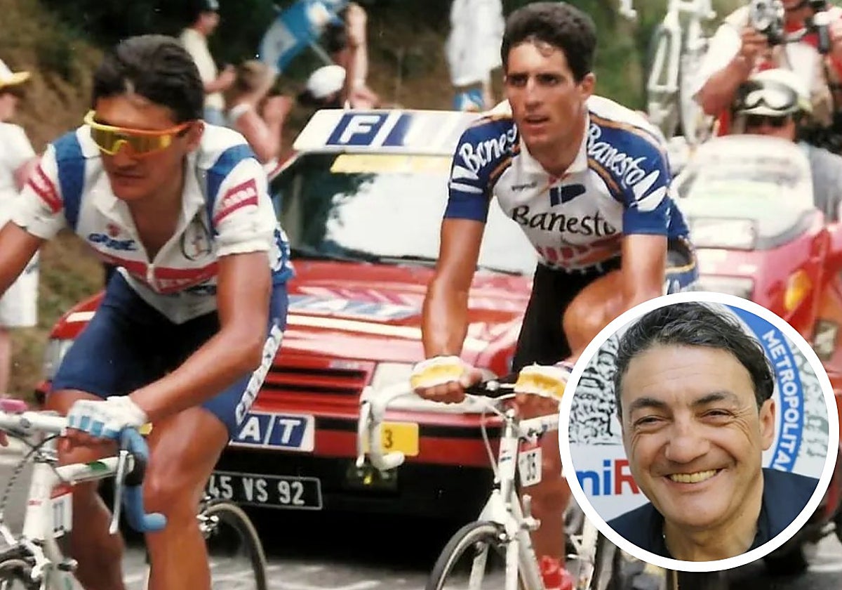 Chiappucci, vigilado por Induráin durante el Tour de 1991. Abajo, una fotografía reciente del italiano