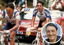 Chiappucci, vigilado por Induráin durante el Tour de 1991. Abajo, una fotografía reciente del italiano