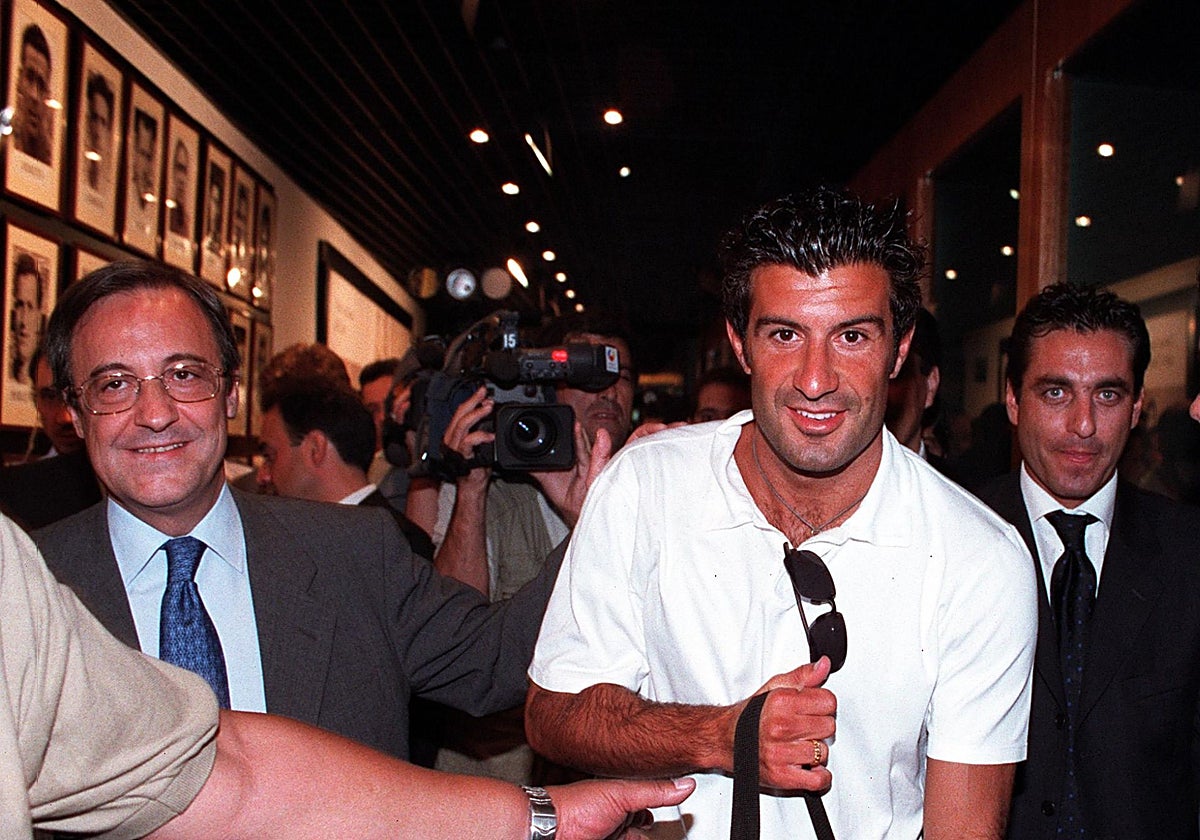 Florentino Pérez, Figo y Futre, en la presentación del jugador con el Real Madrid