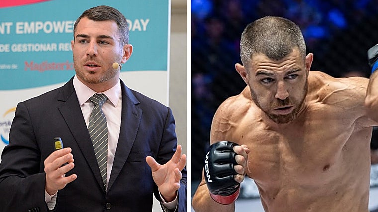 Ignacio Capella, durante una ponencia y en un combate en WOWFC