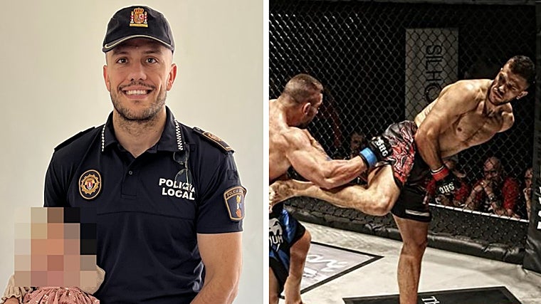 Eduardo Riego, con su uniforma de policía y ejecutando una patada en giro durante un combate