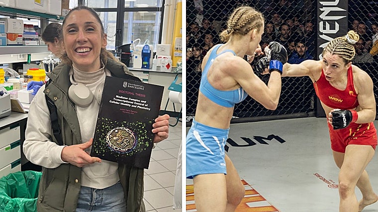 Isabel Calvo, en el laboratorio con su tesis doctoral y en la jaula de WOWFC