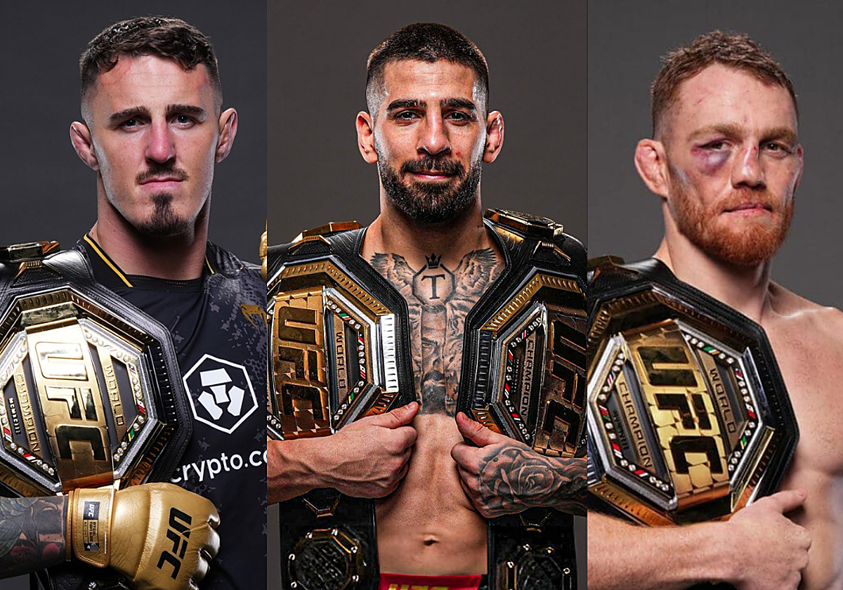 Tom Aspinall, Ilia Topuria y Jack Della Maddalena, de izquierda a derecha