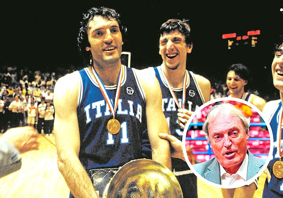 Dino Meneghin, con la copa de campeón del Eurobasket de 1983