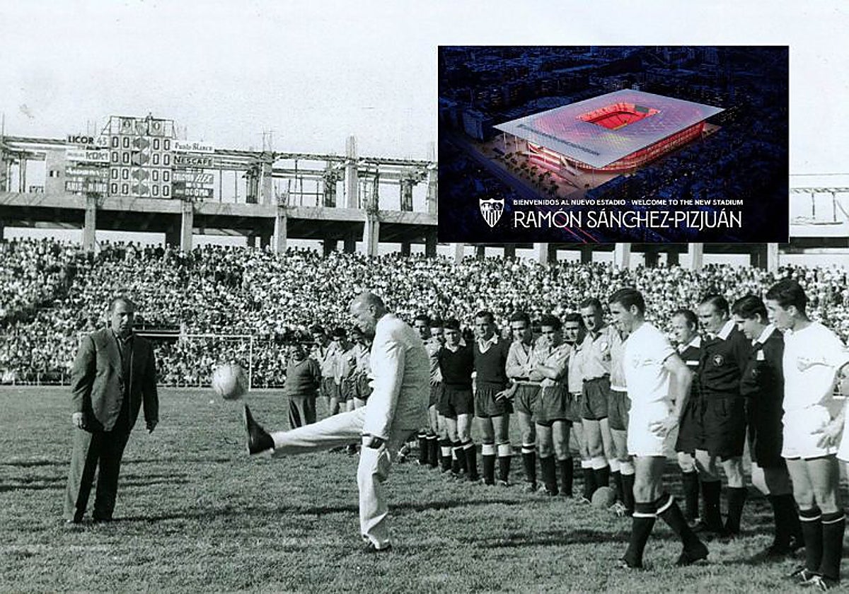 Ramón de Carranza hace el saque de honor en la inauguración del Ramón Sánchez-Pizjuán ante la mirada de Arza