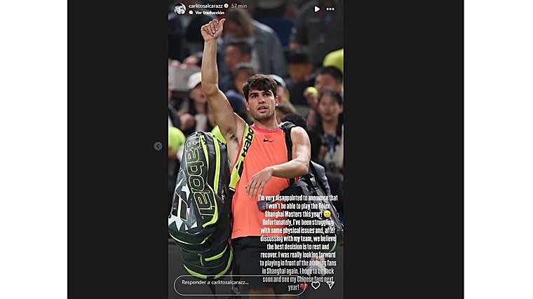 Carlos Alcaraz, baja en el Masters 1.000 de Shanghái por «problemas físicos»