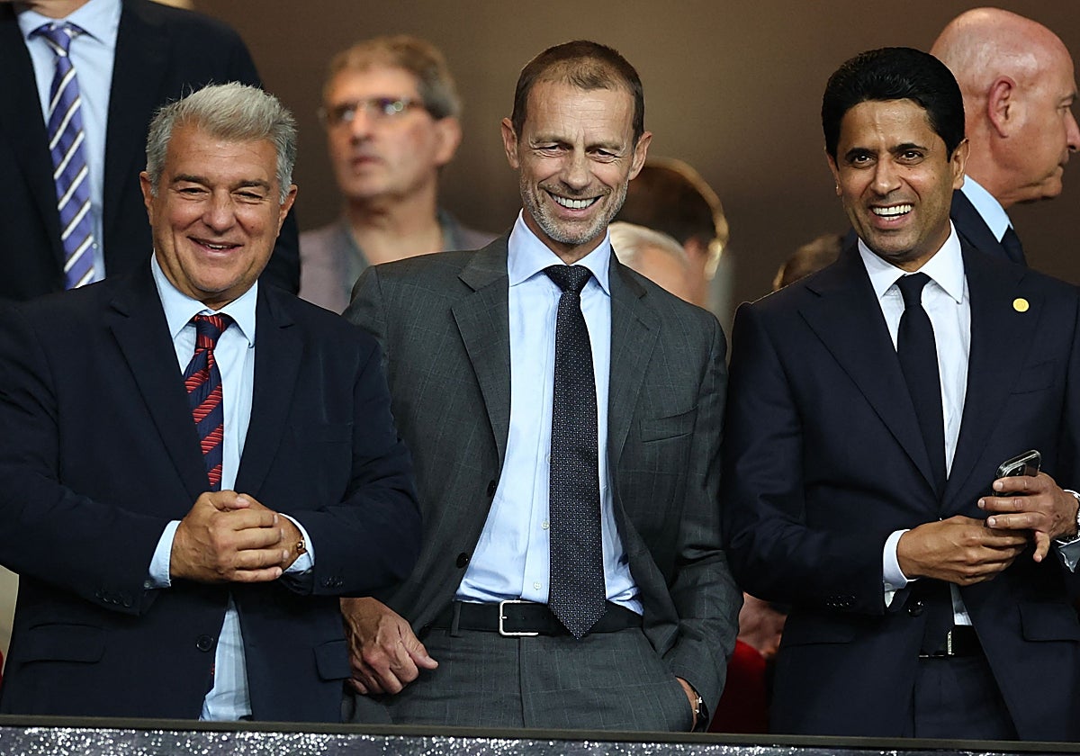Laporta, Ceferin y Al-Khelaifi, en el palco de Montjuic el pasado miércoles