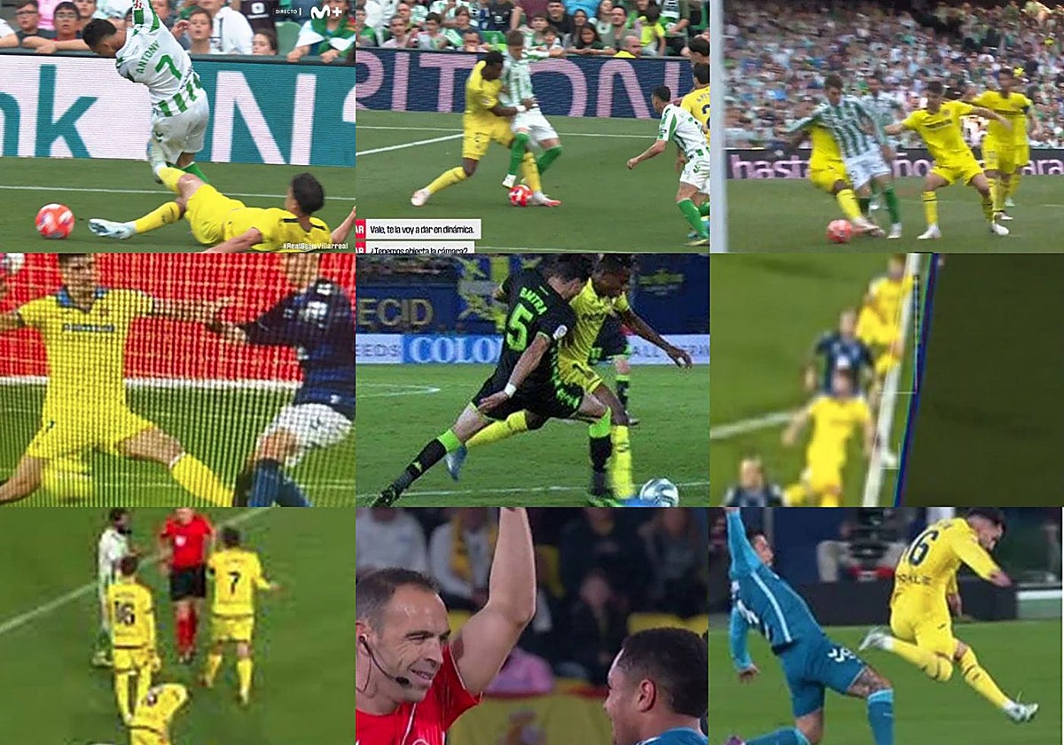 Arriba, los tres penaltis reclamados en el último Betis - Villarreal; en la fila central, la patada de Gerard Moreno a Miranda, el penalti de Bartra a Chukwueze y el pie agrandado de Aitor; abajo, la expulsión de Alberto Moreno y Chimy, el guiño de Cuadra a Vitor Roque y la roja a Chimy por falta sobre Baena