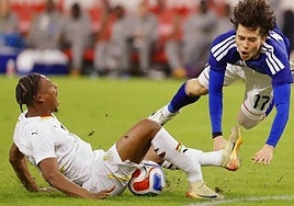 Abu grita de dolor después de recibir la patada de Tanaka, que cae al suelo tras el fuerte golpe