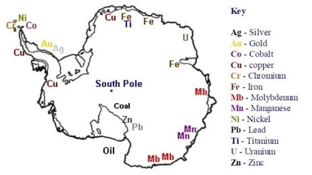 Mapa aproximado de recursos en la Antártida a partir de prospecciones mineralógicas de diversas campañas