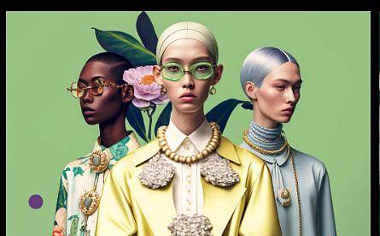 Imagen principal - Proyectos realizados con AI por el estudio Maison Meta, uno de los organizadores de la primera AI Fashion Week.: foto superior, una recreación de piezas de Prada, y sobre estas líneas, izquierda, la Princesa Diana con chándal de Adidas. Foto de la derecha: modelo virtual para una campaña de gafas, creada con IA por Fotoempresas, que lanzará próximamente este servicio