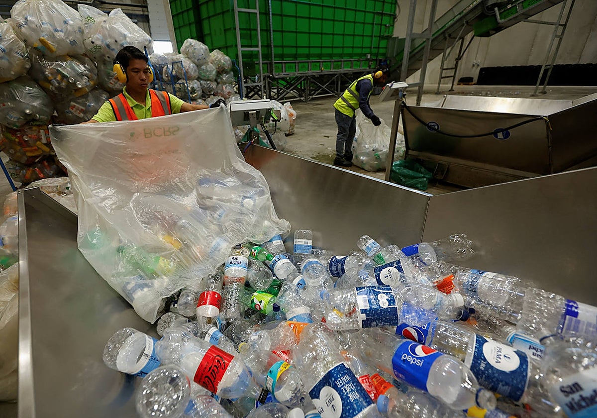Un operario en una planta de reciclaje de botellas plástico