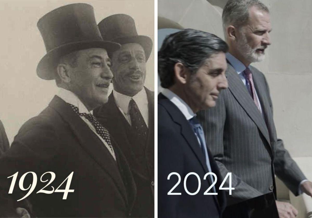 En la primera imagen, el Rey Alfonso XIII junto al presidente de Telefónica Estanislao de Urquijo en 1924, en la segunda el Rey Felipe VI y José María Álvarez-Pallete en 2024