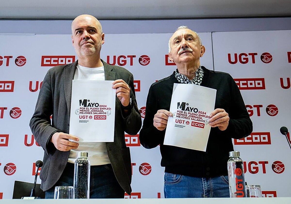 Los secretarios generales de CC.OO. y UGT, Unai Sordo y Pepe Álvarez