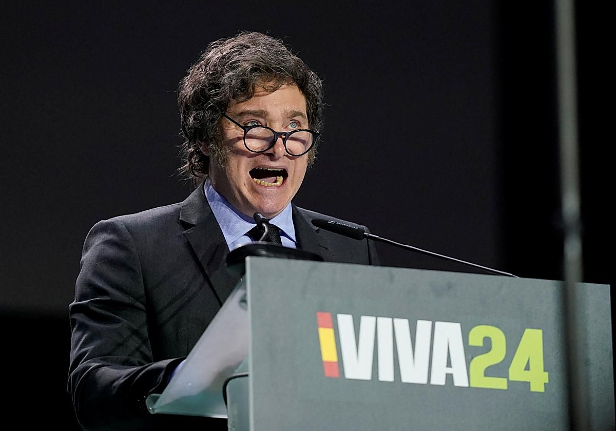 El presidente argentino, Javier Milei, durante su intervención en el acto organizado por Vox