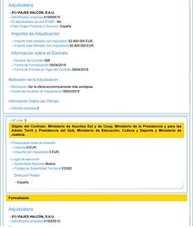 Imagen secundaria 2 - En la imagen principal, la información general del expediente; la agencia de Globalia fue adjudicataria de los lotes dos y tres, de un total de cinco, en la imagen abajo a la derecha; en la imagen abajo a la izquierda, una muestra de las modificaciones de contrato realizadas 