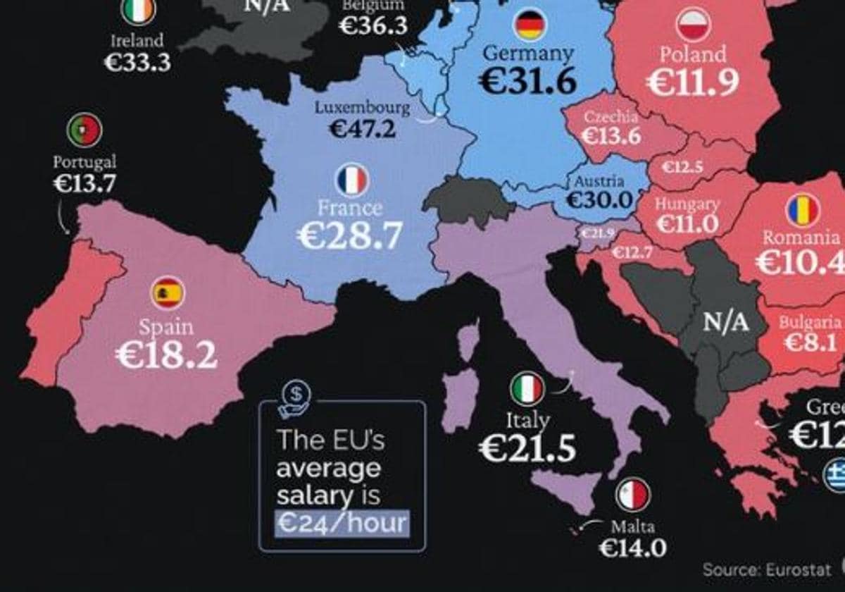 Mapa de los salarios en Europa por horas