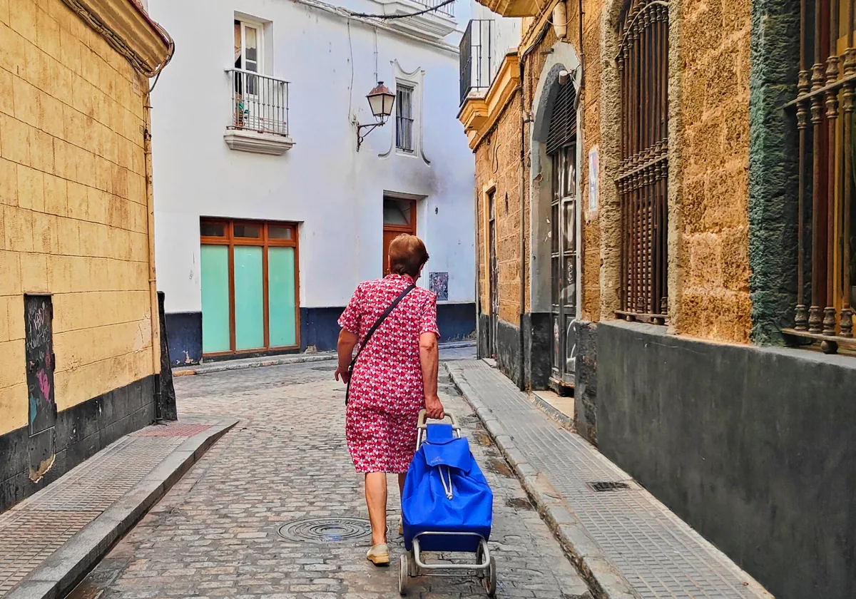 Una persona con un carro de la compra en el casco histórico de Cádiz