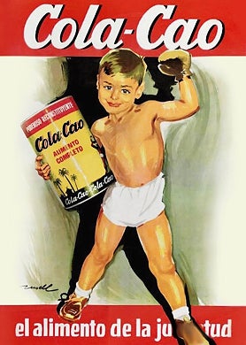 Imagen secundaria 2 - Arriba, la fábrica de Lepant, donde se instalaron en 1957; abajo a la izquierda, dibujo impreso en envases de ColaCao y usado en publicidades; abajo a la derecha, histórico cartel publicitario de ColaCao del 'niño boxeador'