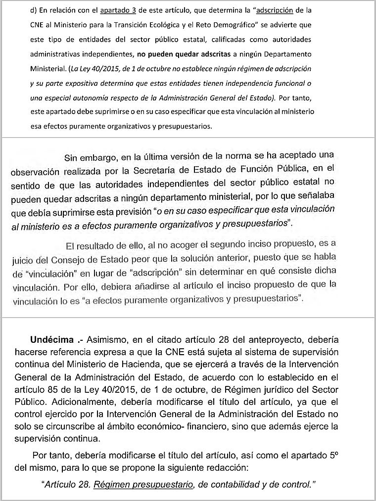 Arriba, extracto del informe de Economía advirtiendo que la CNE no podía estar adscrita al Gobierno. En el centro, extracto del informe del Consejo de Estado alertando del segundo intento de Ribera para crear una CNE vinculada. Sobre estas líneas, el aviso de Hacienda sobre la falta de controles que se pretendía