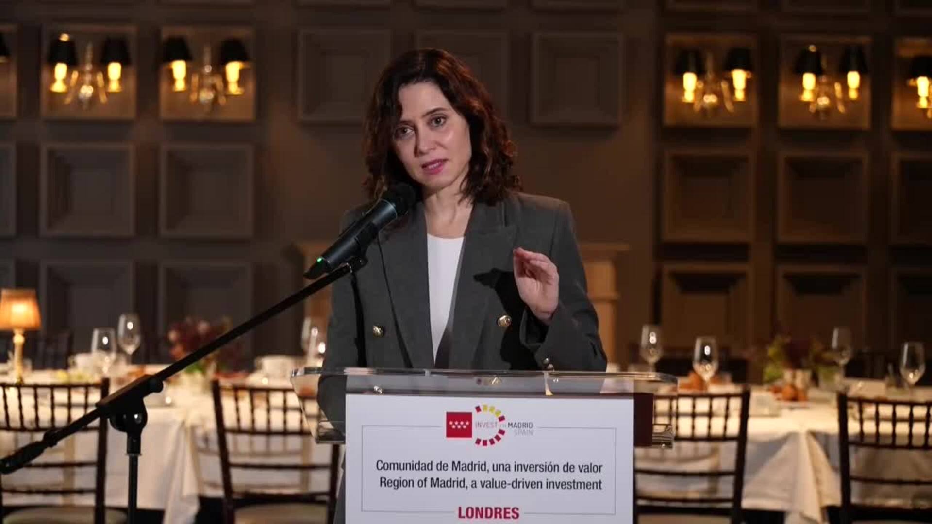 Ayuso ofrece a Madrid como socio estratégico en un encuentro con empresarios e inversores en Londres