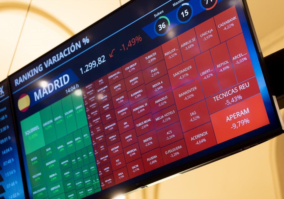 Paneles de la Bolsa de Madrid, este viernes.