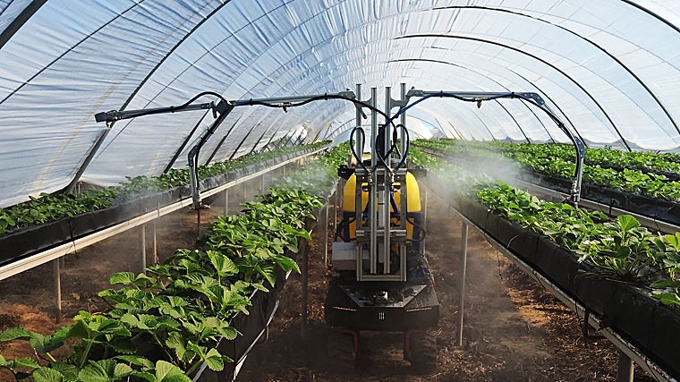 Uno de los robots autónomos del proyecto GeoEntec, de Eurecat, que pulveriza las fresas con tratamientos líquidos