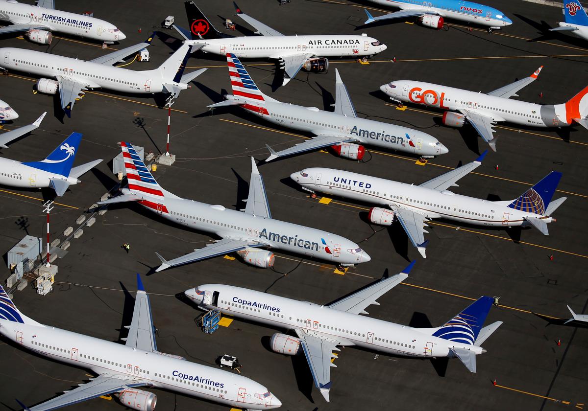 Aviones Boeing 737 MAX en tierra, estacionados en Boeing Field en Seattle
