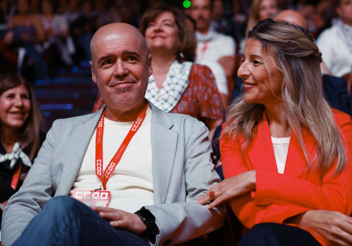 La vicepresidenta segunda del Gobierno, Yolanda Díaz, y el secretario general de CC.OO., Unai Sordo, durante el acto de clausura del XIII Congreso Confederal de CC.OO.