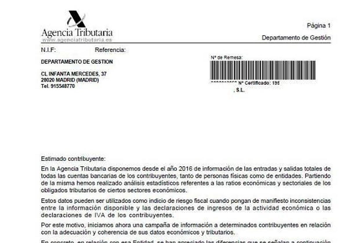 Detalle de una de las 'cartas aviso' que la Agencia Tributaria envía a los contribuyentes