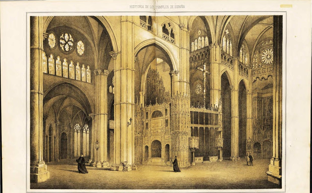 Interior de la catedral de Toledo, centro de interés para Parro. Litografía de Cecilio Pizarro en 'Historia de los templos de España', de Gustavo Adolfo Bécquer y Manuel de Assas (1857)