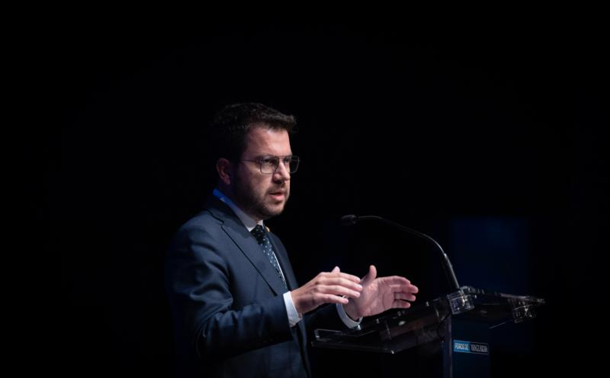 Pere Aragonès, presidente de la Generalitat, hoy, durante la conferencia pronunciada en el acto 'Cataluña, país de progreso'