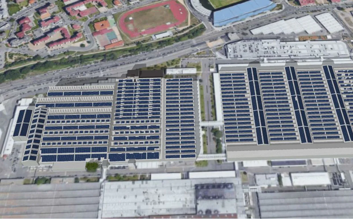 Recreación del parque solar que se instalará en los tejados de la factoría de Stellantis en Vigo