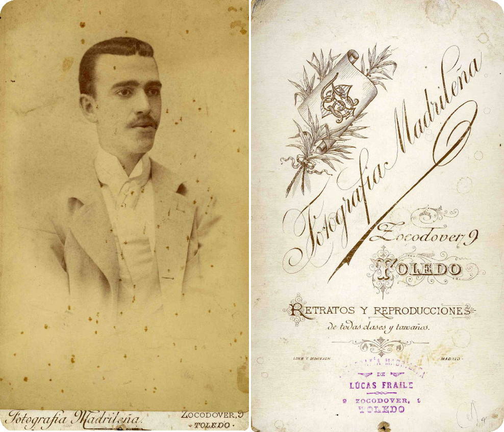 Retrato y su reverso realizado por la 'Fotografía Madrileña', quizá al poco que Pedro Lucas tomase el traspaso de la galería a Enrique Blanco hacia 1890. Archivo Municipal de Toledo. Col. Luis Alba