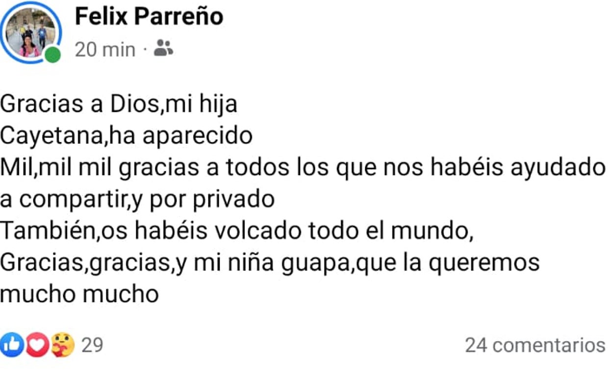 Mensaje del padre de la joven en la red social Facebook