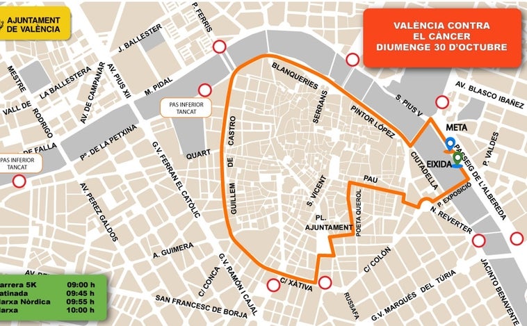 Calles cortadas y líneas de la EMT desviadas en Valencia el domingo 30 de octubre por la carrera contra el cáncer