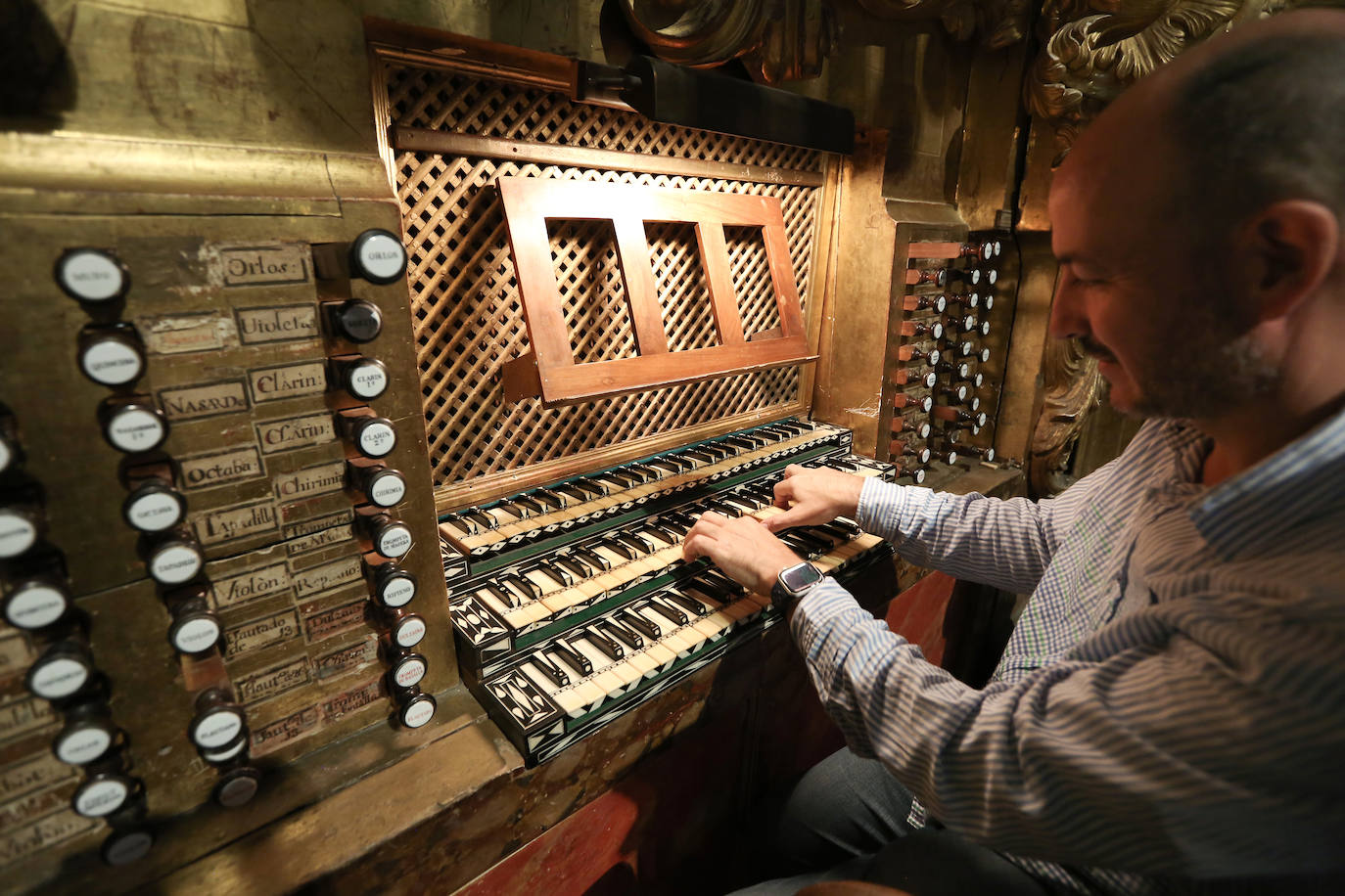 El órgano de Echevarría fue construido en 1775 por Pedro Manuel Liborna Echevarría, de la gran familia de organeros, enfrente del que hizo su padre en 1699 y gemelo en cuanto al mueble