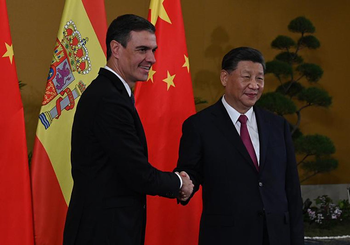 El jefe del Gobierno español, Pedro Sánchez y el presidente chino, Xi Jinping este martes en Bali, en Indonesia