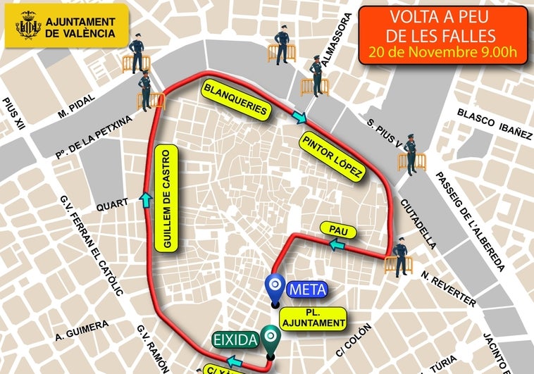 Calles cortadas y líneas de la EMT desviadas en Valencia el domingo 20 de noviembre por la 'Volta a Peu de les Falles'